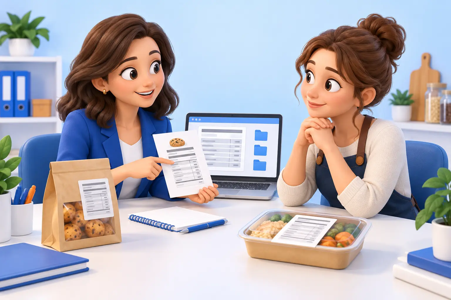 Ilustração em clipart de uma nutricionista orientando uma empresária sobre a rotulagem de alimentos, com embalagens e tabelas nutricionais de exemplo.