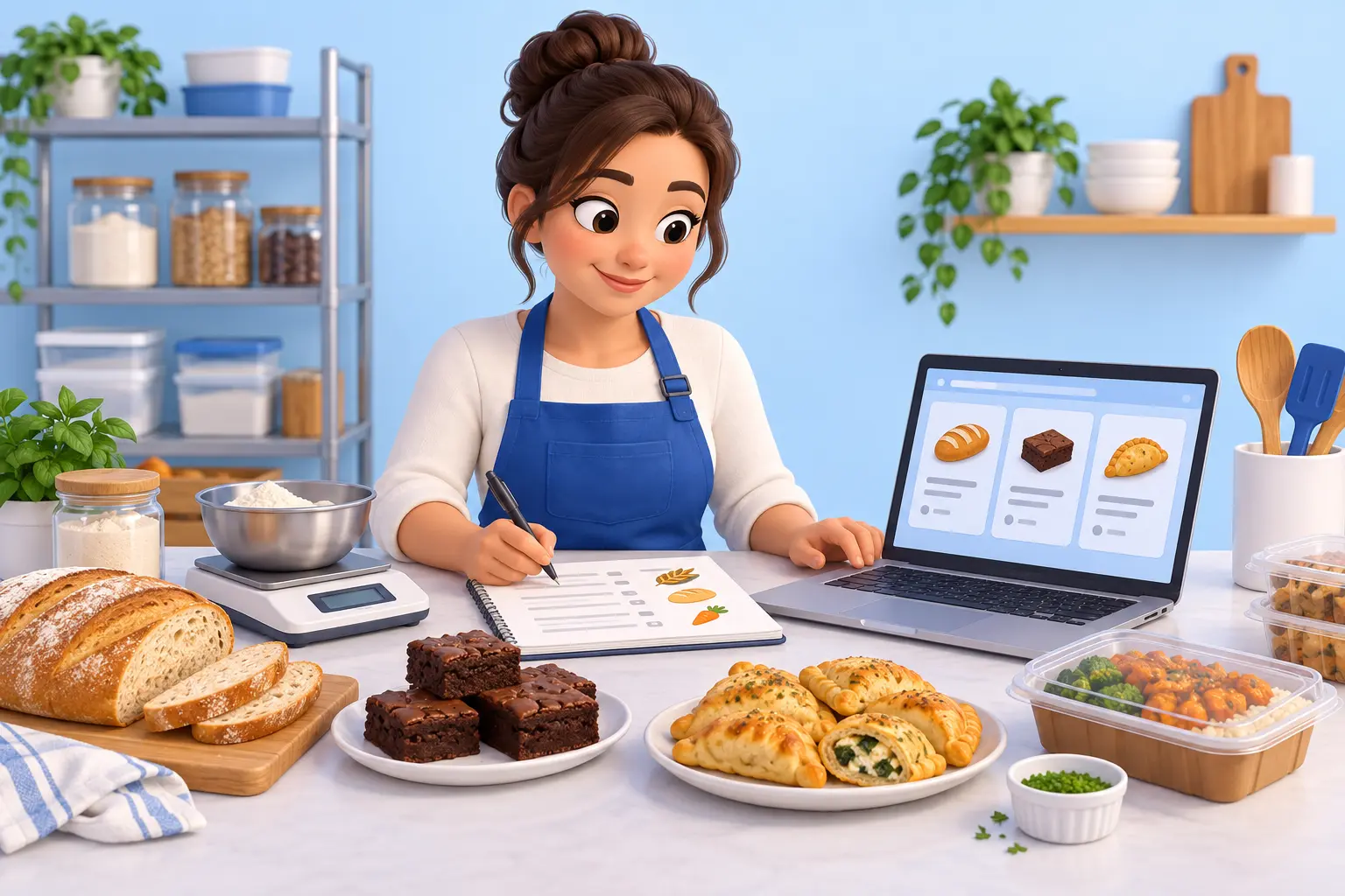 Ilustração em clipart de uma produtora organizando receitas no computador, com pães, brownies, salgados e refeições na bancada.
